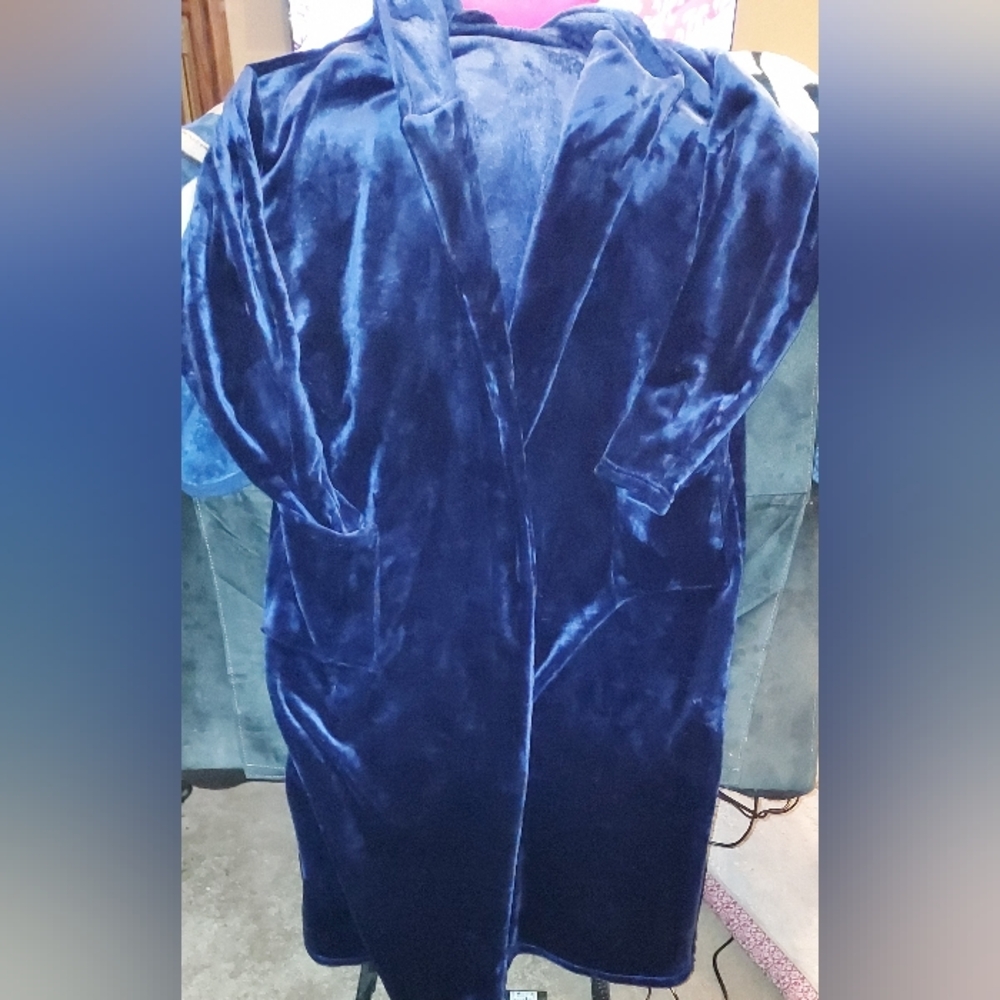 Men's Navy Blue 2X/3X Plush Bathrobe With Hood Extra Long Pockets & Tie